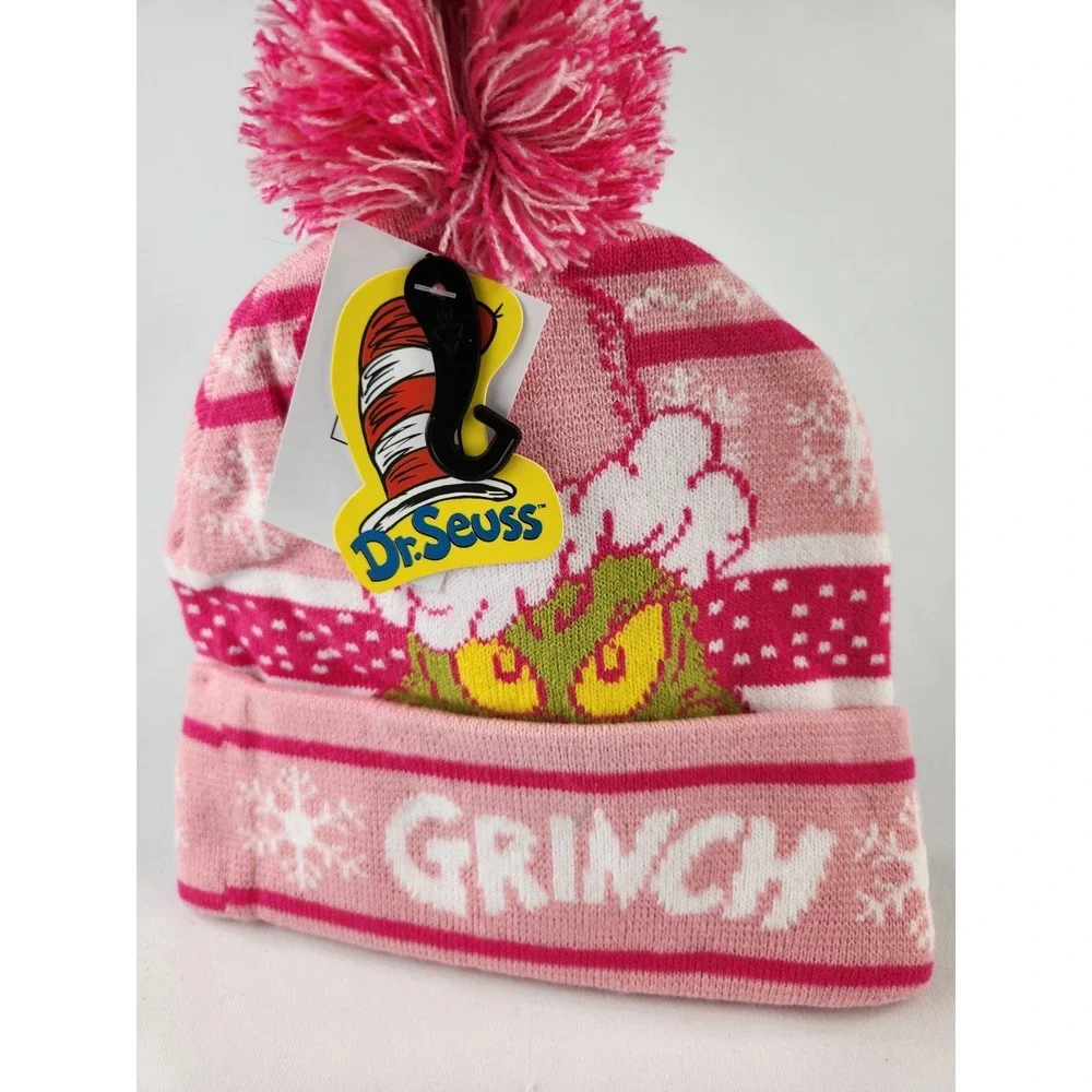 NEW Grinch Beanie stocking Hat One Size Fits Most Dr. Seuss Adult Size Pink  Pom